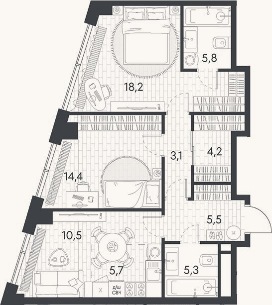 Планировка: 3-к, 72,7 м²