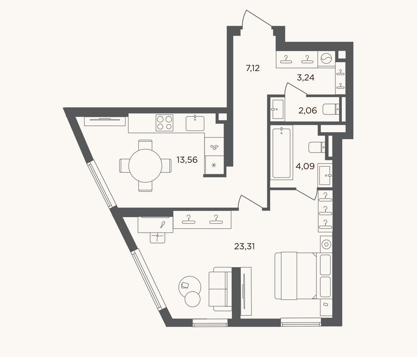 Планировка: 1-к, 53,4 м²