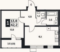 Планировка: 2-к, 41,7 м²