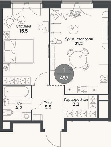 Планировка: 2-к, 49,7 м²