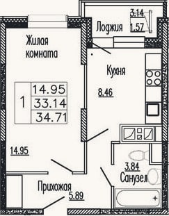 Планировка: 1-к, 34,2 м²