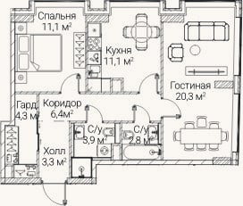 Планировка: 2-к, 63,2 м²