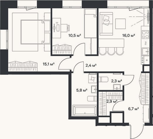 Планировка: 3-к, 61,7 м²