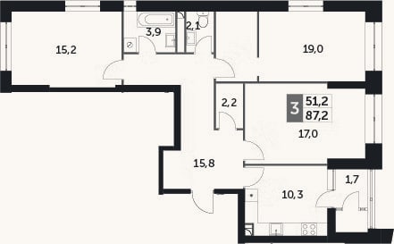 Планировка: 3-к, 87,3 м²