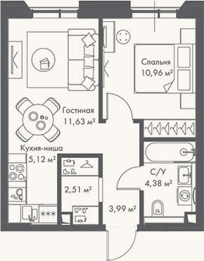 Планировка: 2-к, 38,6 м²