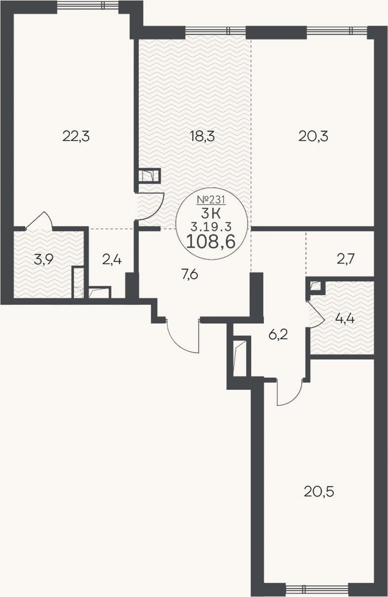 Планировка: 3-к, 108,6 м²