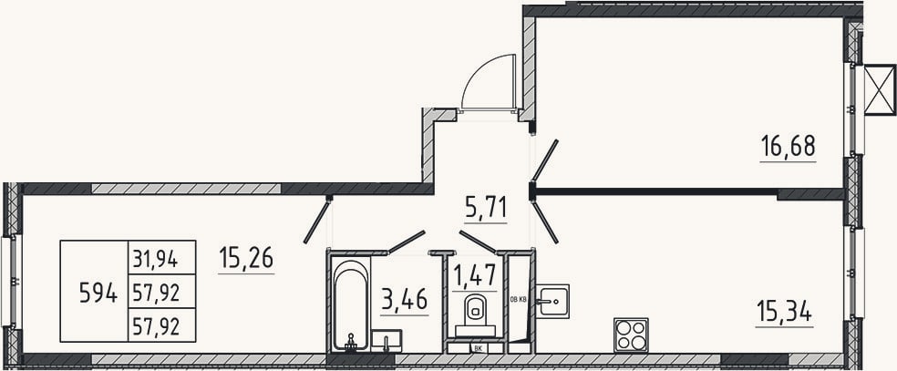 Планировка: 3-к, 57,9 м²