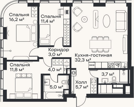 Планировка: 4+ к, 93,1 м²