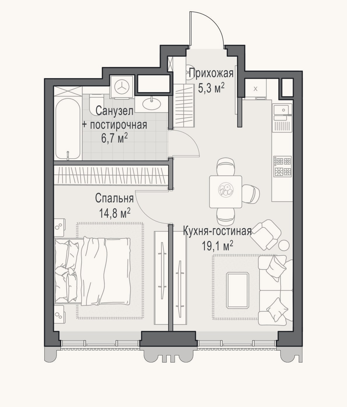 Планировка: 2-к, 45,6 м²