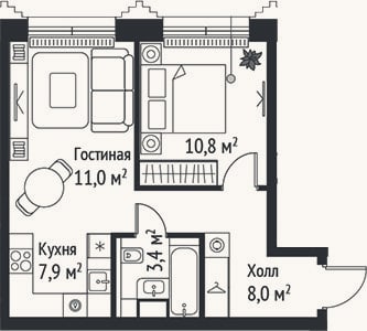 Планировка: 2-к, 41,1 м²