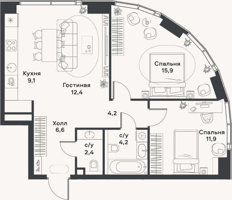 Планировка: 3-к, 66,7 м²