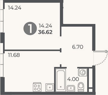 Планировка: 1-к, 36,6 м²