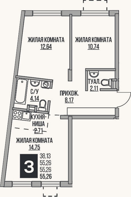 Планировка: 3-к, 55,3 м²