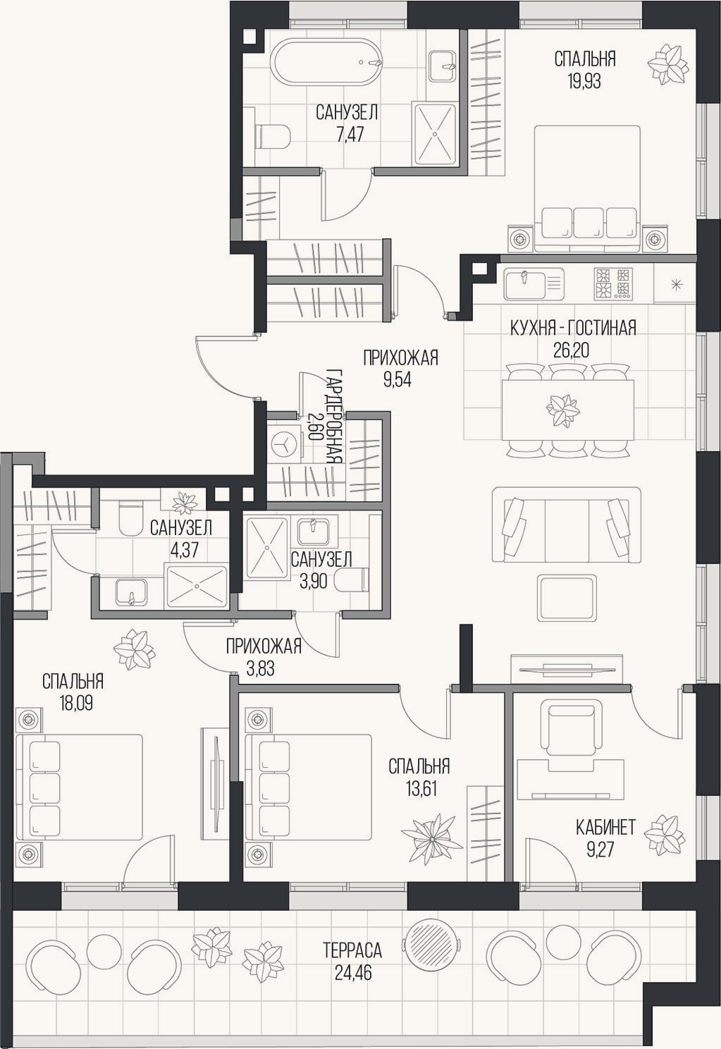 Планировка: 4+ к, 118,8 м²