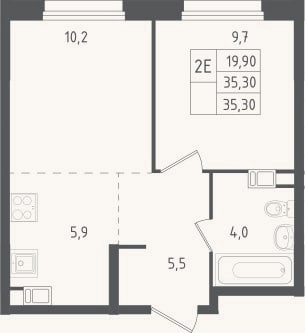 Планировка: 2-к, 35,3 м²