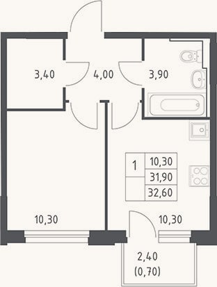 Планировка: 1-к, 31,9 м²