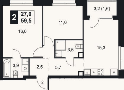 Планировка: 2-к, 57,9 м²