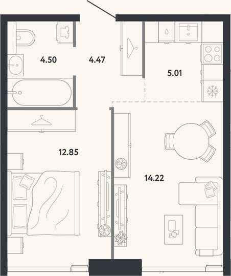 Планировка: 1-к, 41,1 м²