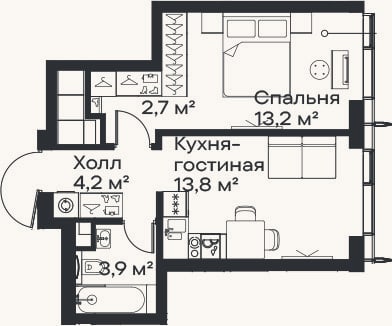 Планировка: 2-к, 37,8 м²