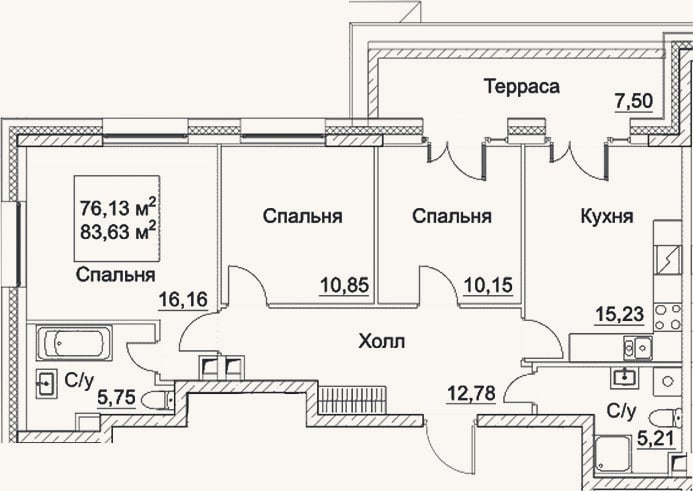 Планировка: 3-к, 76,1 м²