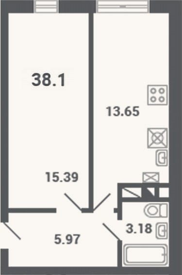 Планировка: 1-к, 38,1 м²
