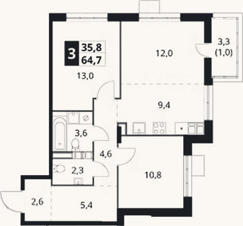 Планировка: 3-к, 63,7 м²