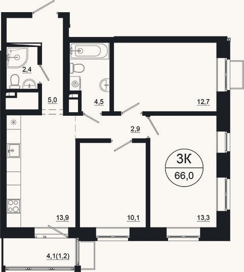 Планировка: 3-к, 64,8 м²