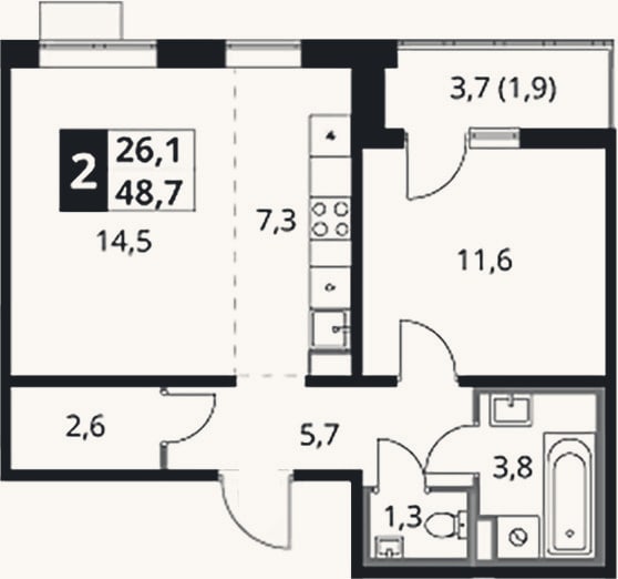 Планировка: 2-к, 46,8 м²