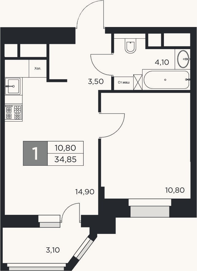 Планировка: 1-к, 33,3 м²