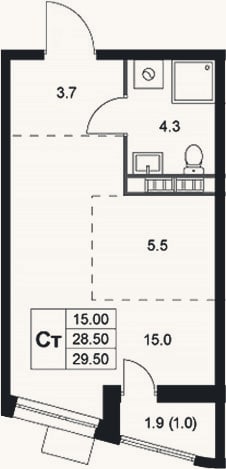 Планировка: Студия, 28,5 м²