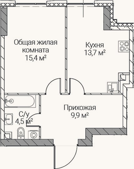 Планировка: 1-к, 43,5 м²