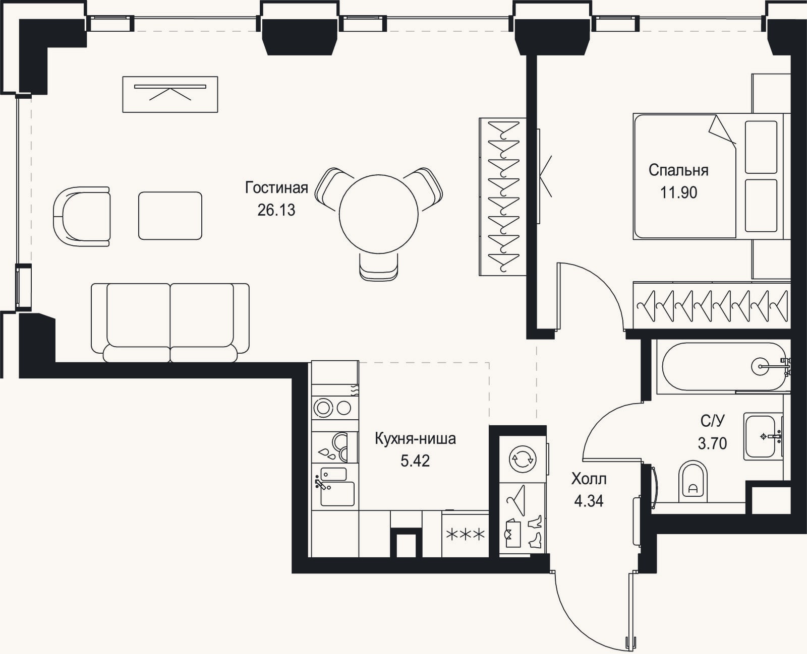 Планировка: 2-к, 51,5 м²