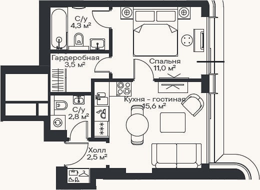 Планировка: 2-к, 39,7 м²