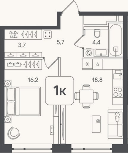 Планировка: 1-к, 48,8 м²