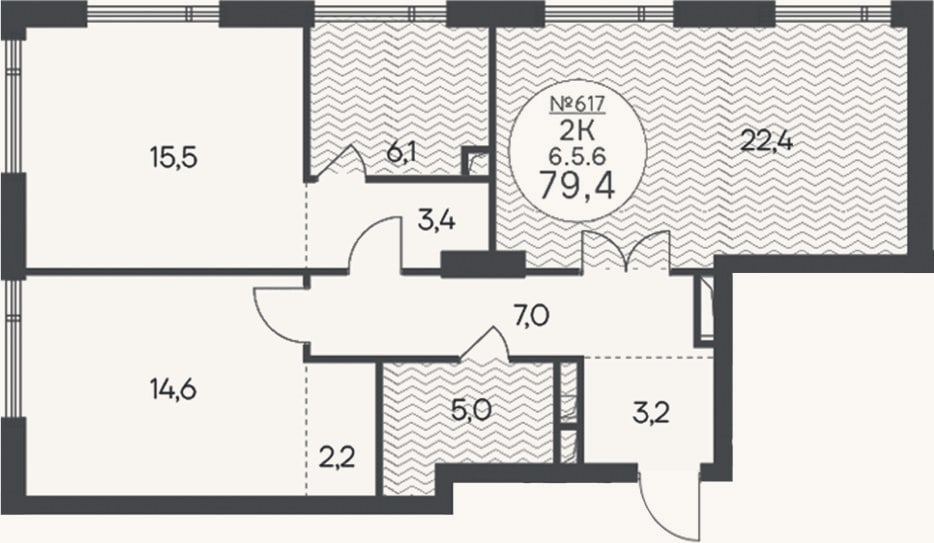 Планировка: 2-к, 79,4 м²
