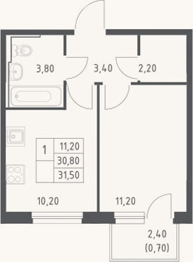 Планировка: 1-к, 30,8 м²