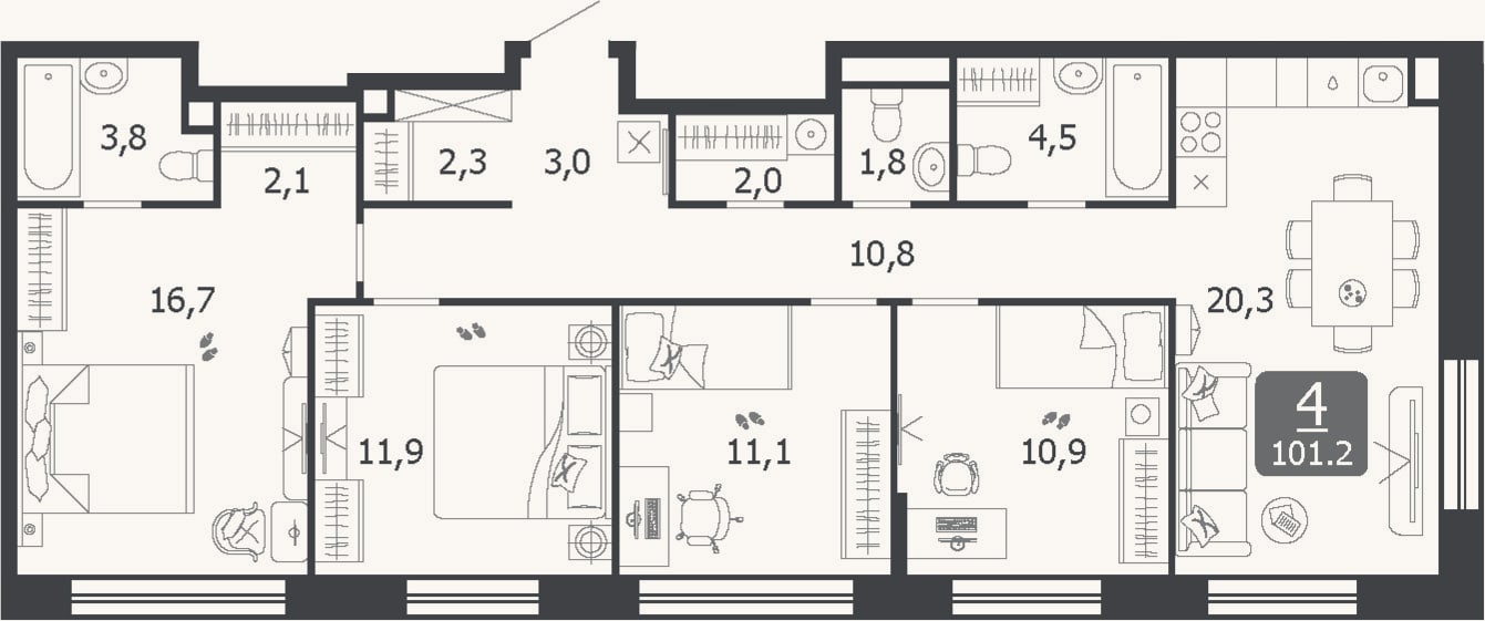 Планировка: 4+ к, 101,2 м²