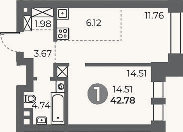Планировка: 1-к, 42,8 м²