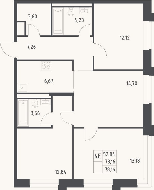 Планировка: 4+ к, 78,2 м²
