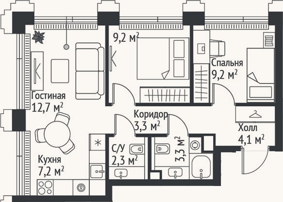 Планировка: 3-к, 51,3 м²