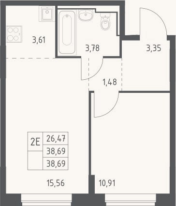Планировка: 2-к, 38,7 м²