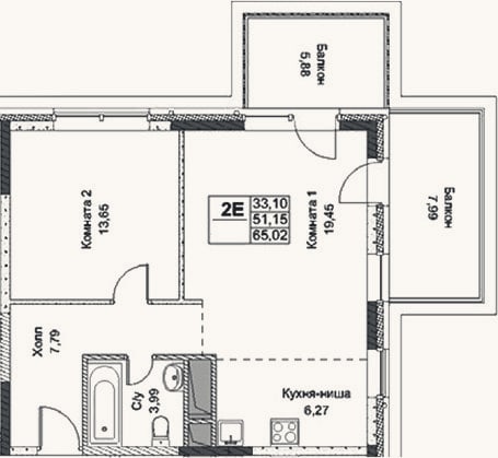 Планировка: 2-к, 51,2 м²