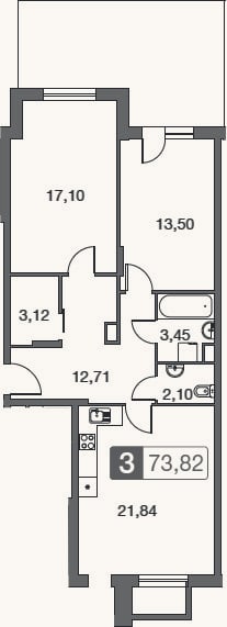 Планировка: 3-к, 73,8 м²