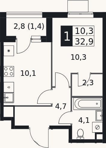 Планировка: 1-к, 31,5 м²