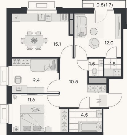 Планировка: 3-к, 66,3 м²