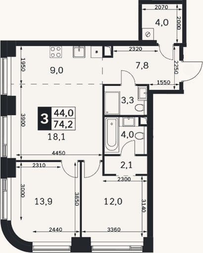 Планировка: 3-к, 74,2 м²