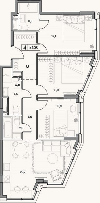 Планировка: 4+ к, 85,2 м²