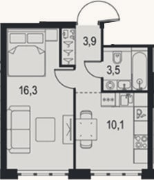 Планировка: 1-к, 33,8 м²