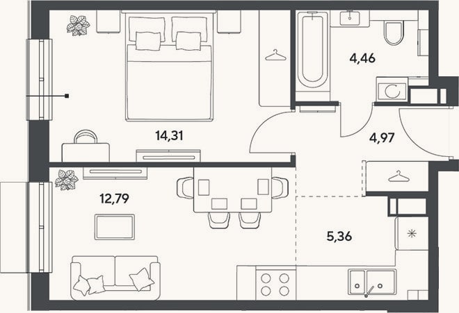 Планировка: 2-к, 41,9 м²