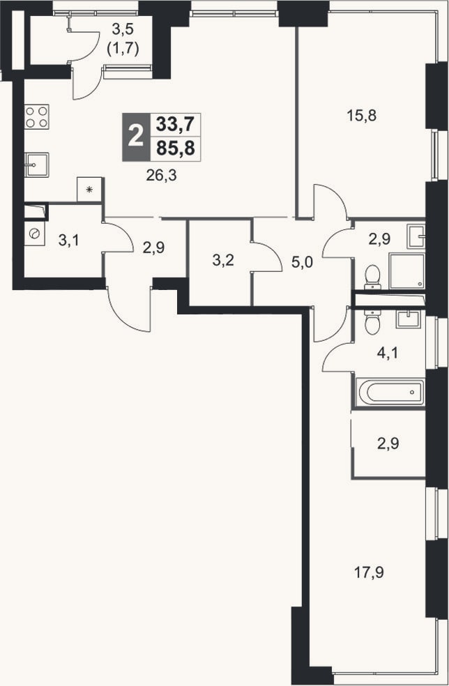 Планировка: 3-к, 84,1 м²